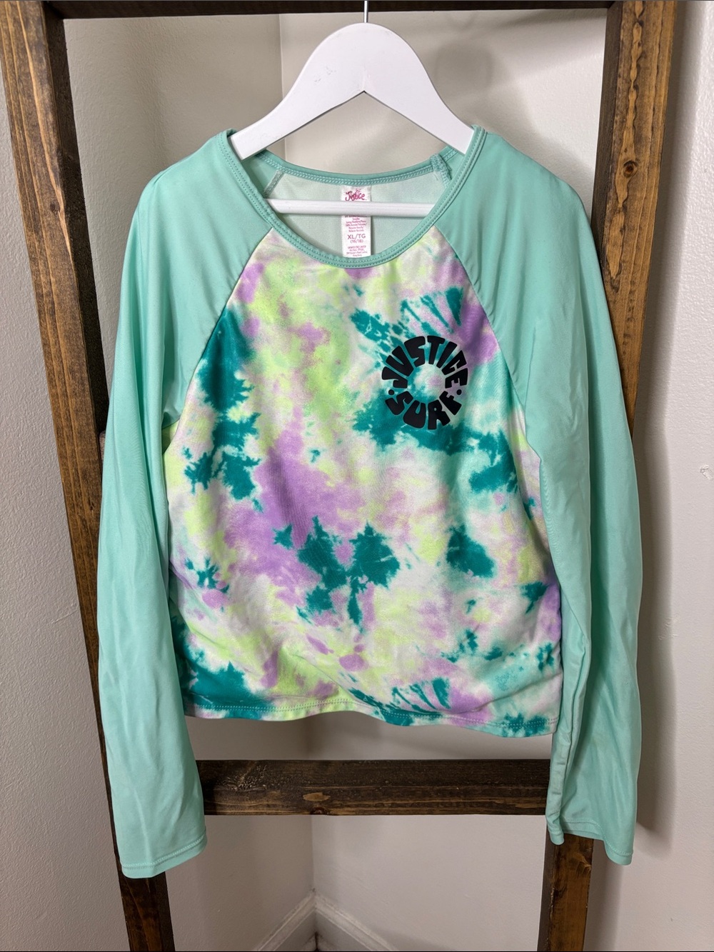 Justice Pastel Tie-Dye Raglan Long Sleeve Rashguard Size XL